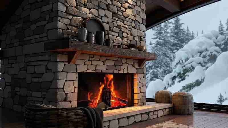 Alpine Lodge Living Room ｜ Cozy Cabin with Snowy Winter Day ❄️🔥✨ - Digital concept art for illustrative purpose, tags: alpenlodge-ästhetik weihnachtsdeko-trends - Monok